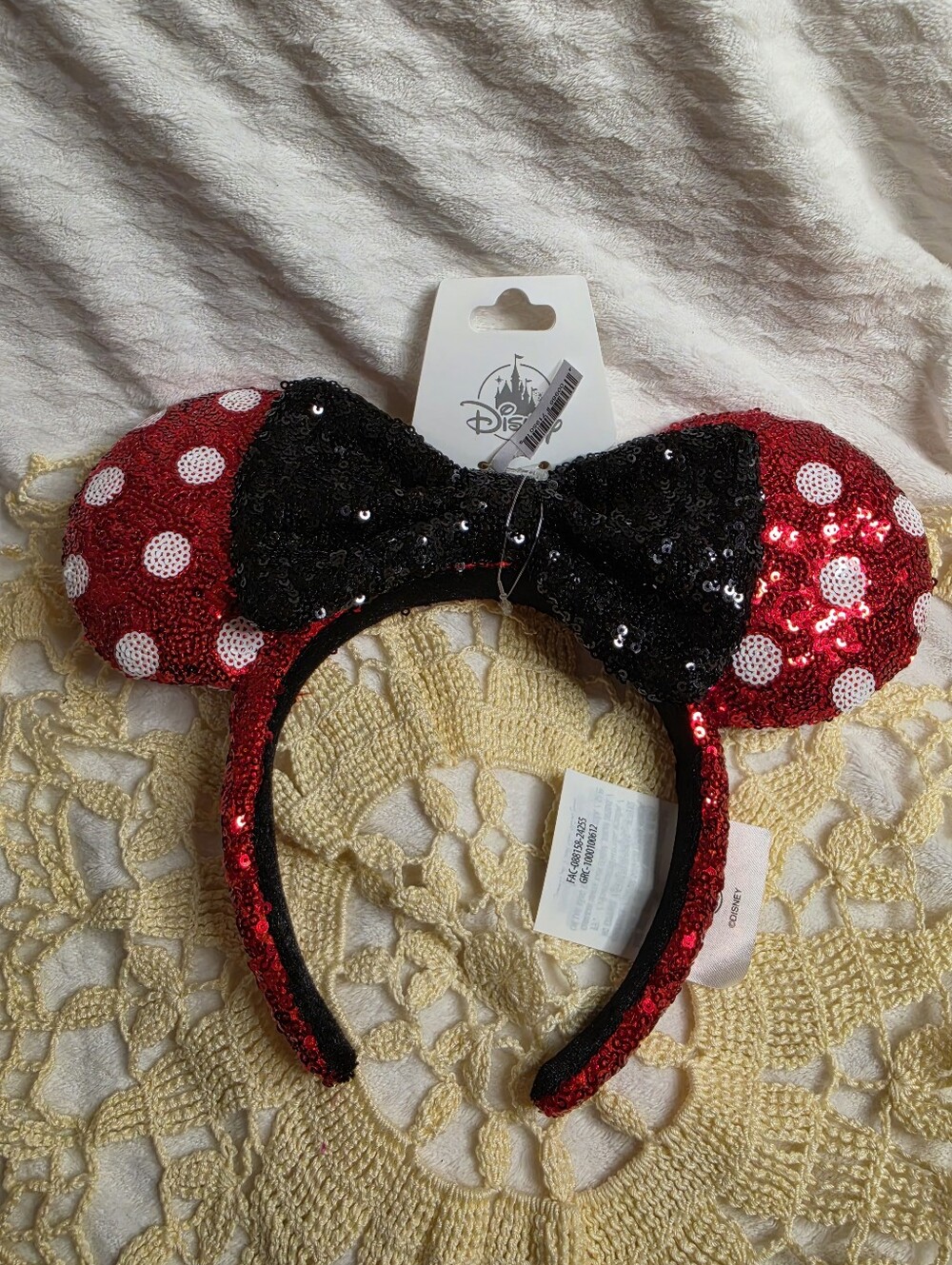 Disney Red Sequin White Dots Minnie Ears Headband with Black Bow New